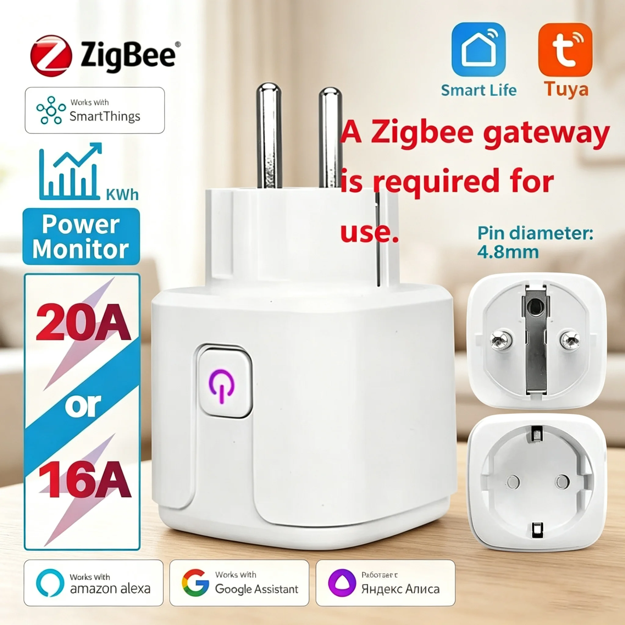 Tuya Zigbee Smart Plug 16A/20A EU Smart Socket With Power Monitoring Timing Function Voice Control For Alexa Google Home Yandex