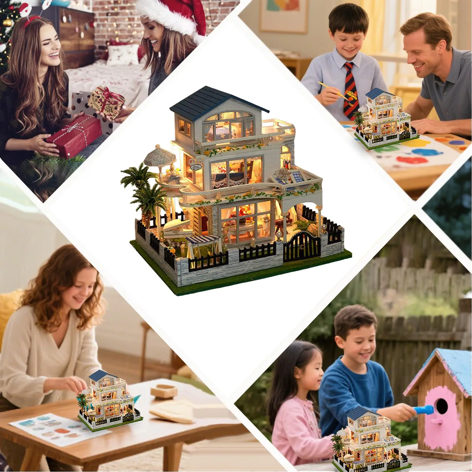 طقم منزل مصغر ثلاثي الأبعاد حرف خشبية صغيرة فيلا نموذج صنع عدة مع LED صانع الحرف اليدوية مجموعات للبنين الشباب النساء الابن