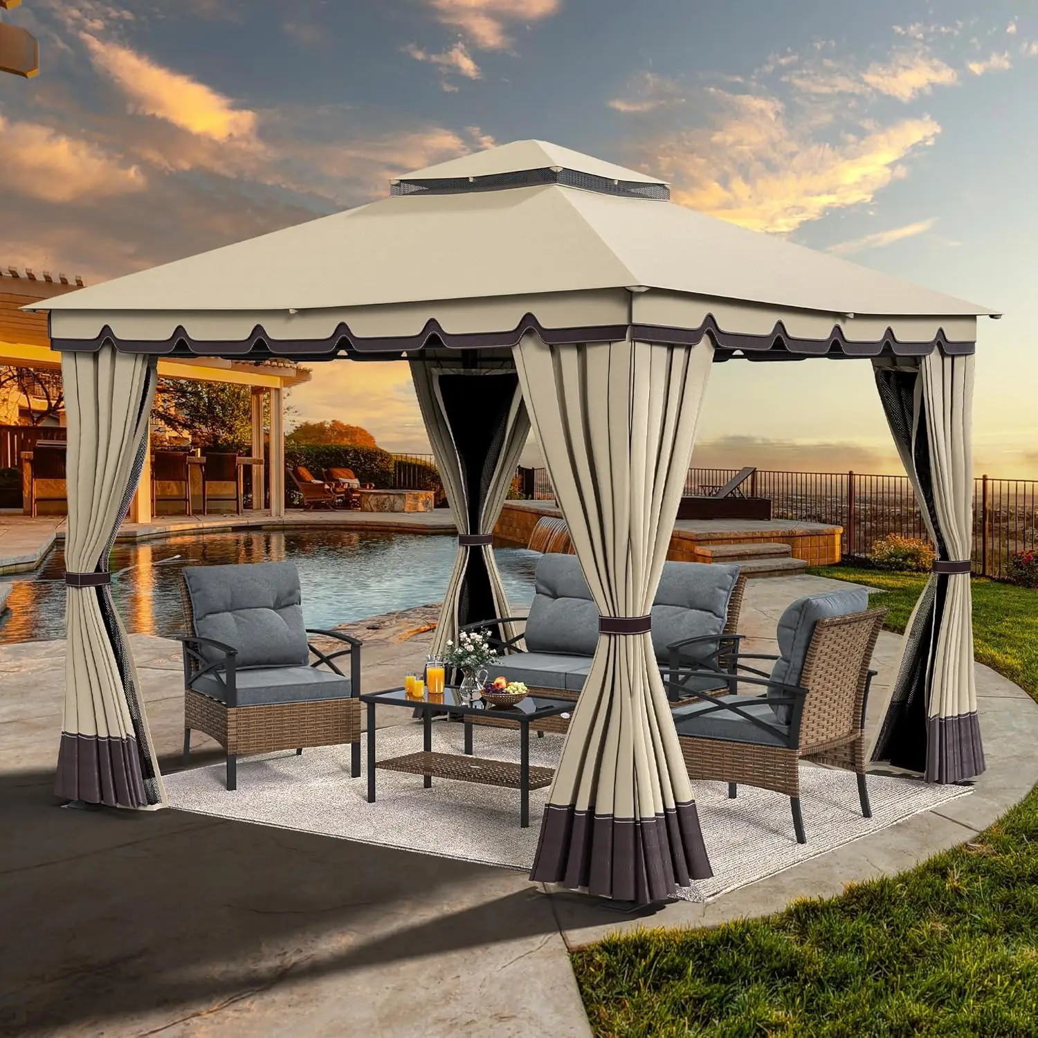 

10x10ft Patio Gazebo Outdoor Double Roof Canopy Gazebo w/Netting & Curtains, Soft Fabric Top Garden Winds Tent, Customized