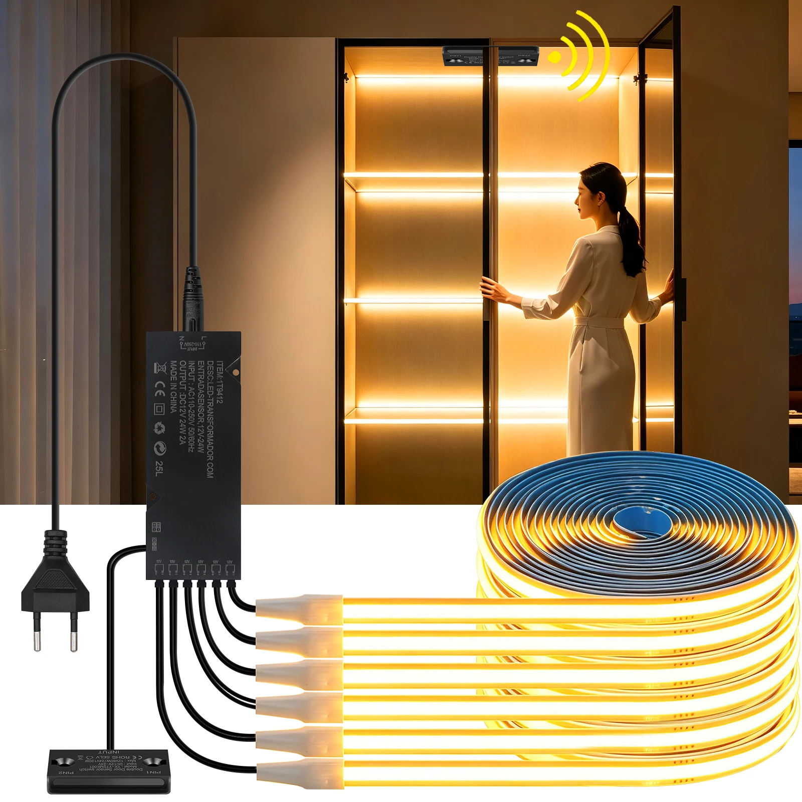 Smart Door Sensor Control COB LED Strip Light 12V 24V 5mm 8mm PCB Freely Cuttable LED Tape Wardrobe Backlight for Room Kitchen