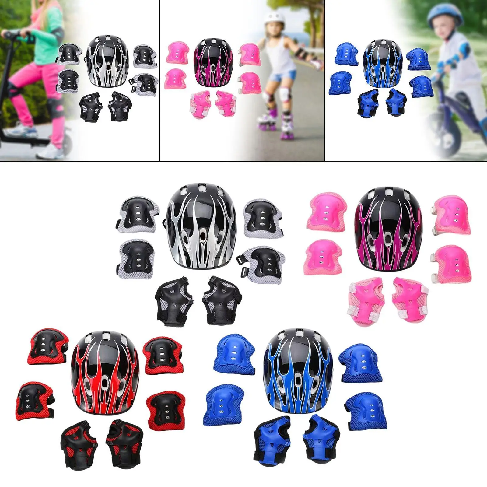 

7Pcs Kids Bicycle Helmet with Knee Elbow Wrist Guard Pad for Rollerblading