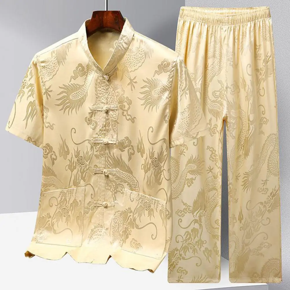 2Pcs Men Tang Suit Stand Collar Pockets Shirt Elastic Waist Wide Leg Long Pants Chinese Embroidery Dragon Kung Fu Tai Chi Outfit