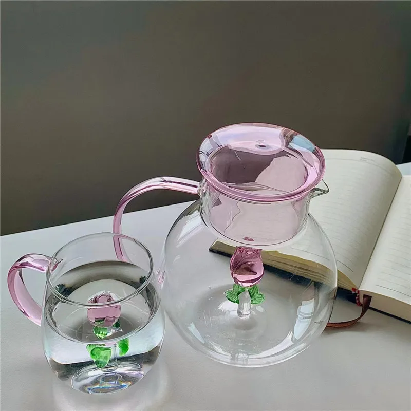 Creative Rose Shape Glass Kettle with Handle Transparent Household Water Glass Milk Breakfast Cup Teapot Glass Kettle