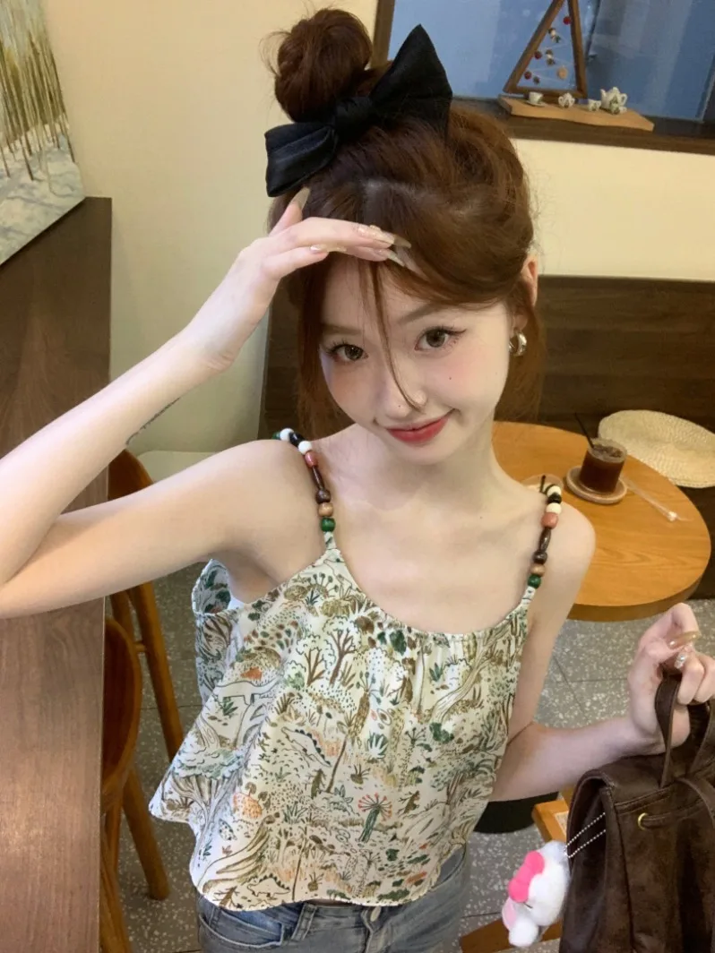 Chic Floral Print Strap Vest Women's Summer Loose Fit Short Sleeveless Top Beach Atmosphere Outerwear Casual Versatile Style