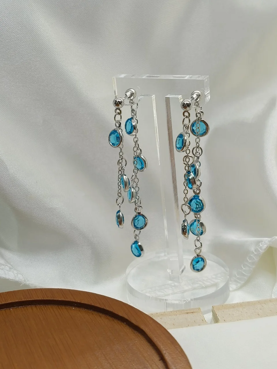 

925 Silver Blue Crystal Drop Dangling Earrings Blue Gemstone Chain Tassel Ear Stud Dinner Party Ornament Accessories Bar Jewelry