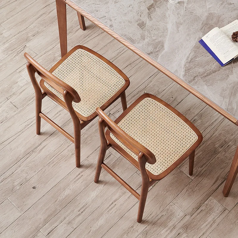 Nordic Japanese North Wax Solid Wood Rattan Dining Table Chair Backrest Home Living Room Leisure Home Silent Wind Small Apartmen