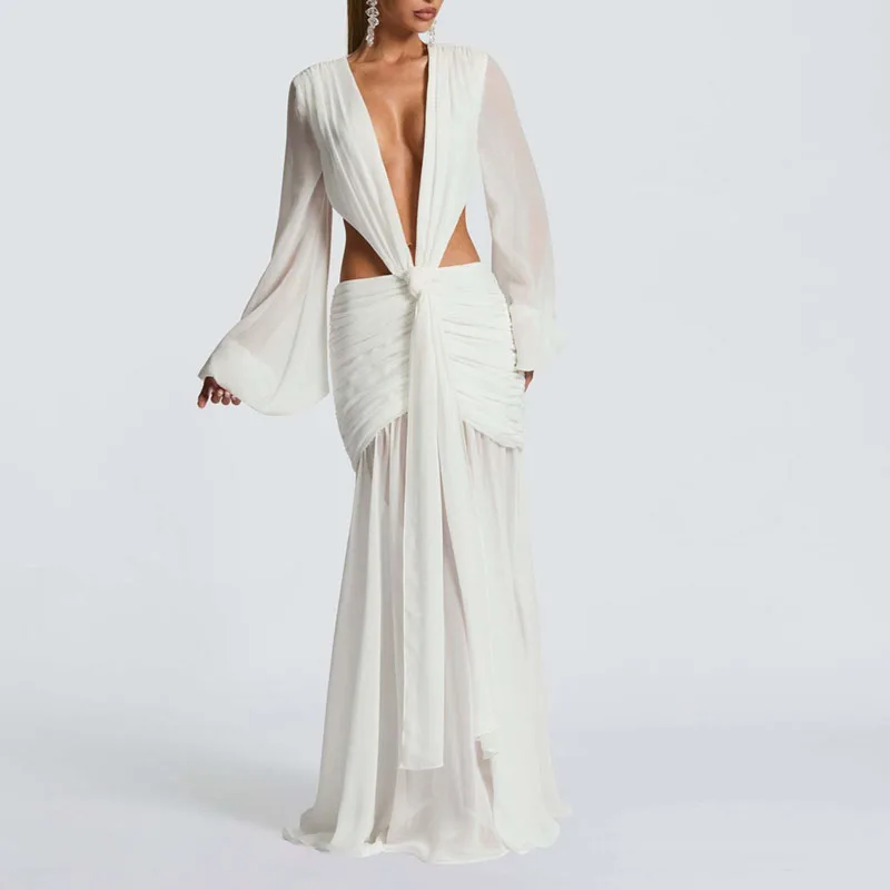 New Autumn Pleated Loose Backless Womans Dress Sexy Irregular Solid Deep V Neck Long Dress Elegant Long Sleeve Hollow Prom Dress