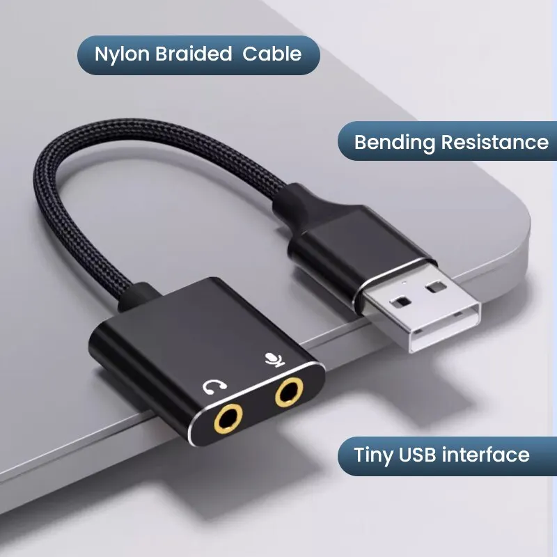 USB Sound Card Adapter with 3.5mm Headphone and Microphone Jack Braided Cable External USB Audio Adapter for Windows Mac Laptop