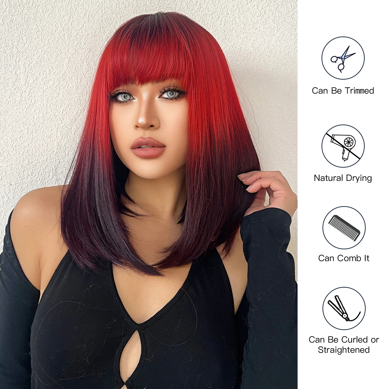 วิกผมสังเคราะห์ตรงยาวปานกลางสีดำไวน์แดงวิกผมพร้อมผมม้าทนความร้อนวิกผมผู้หญิงคอสเพลย์ฮาโลวีน