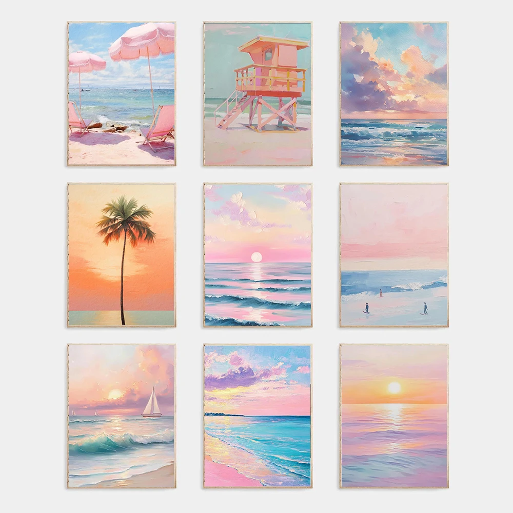 Blue Pink Waves Beach Sunset Palm Trees Ocean Landscape Art Poster Canvas Painting Villa Bedroom Home Wall Modern Decoration
