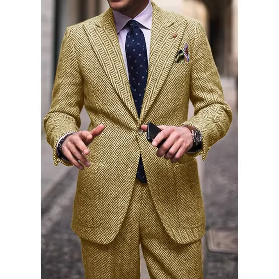 

Men's Herringbone Suit Notch Lapel Single-Breasted Blazer Pants Slim Fit Comfortable Casual Elegant Business Formal Customized
