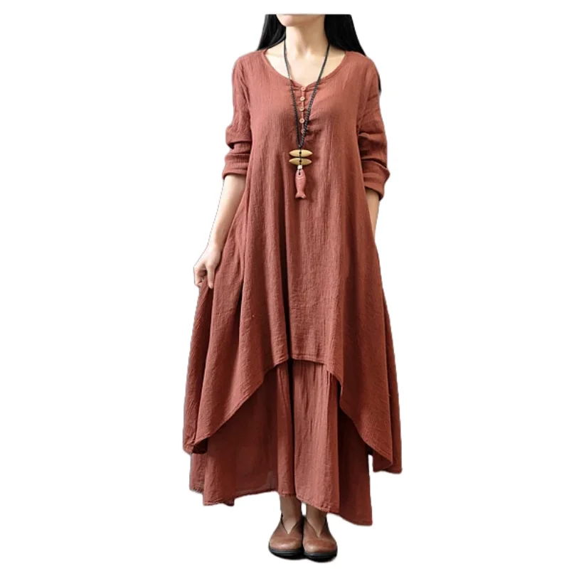 Maternity Dresses Fake Two-piece Pregnancy Dress Literary Linen Dress Maternity Clothes for Pregnant Women Loose Long-sleeved