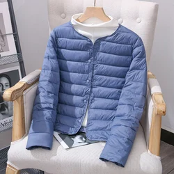 2024 New Winter Women Down Cotton Jackets Collarless Button Light Weight Warm Coat O-Neck Bottom Liner Female Fluffy Parkas