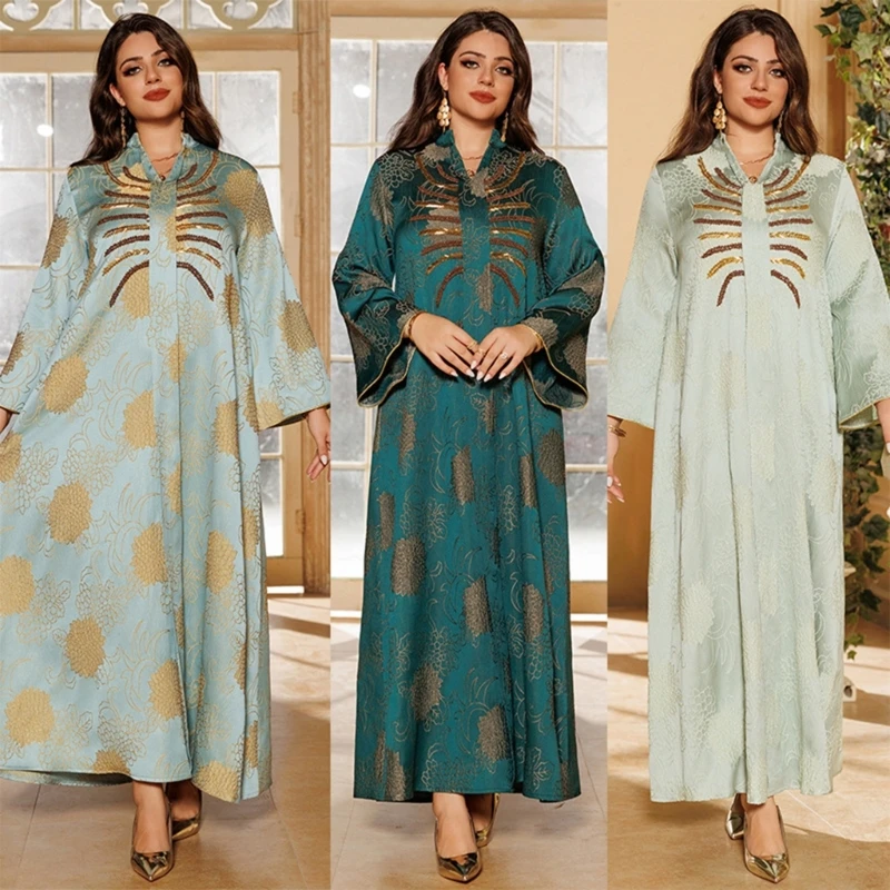 Women Muslims Dress Dubai Saudi V-neck Kaftan Middle East Robe Jacquard Flower Print Dress Female Long Sleeves Dress