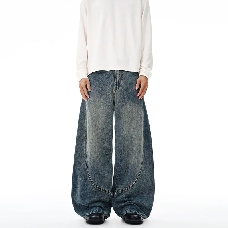 Oclin2026 Calças Jeans Unissex Outono Inverno American Paris Bamboo Vintage Azul com Recortes Lavados e Detalhes de Corte a Fio