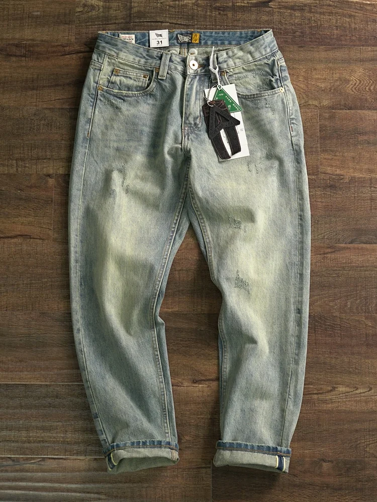 

Retro Waed Slim Fit Men's Denim Jeans Straight Leg Casual Pants High Elastici Trendy Trousers Comfortable mid Waist Jeans