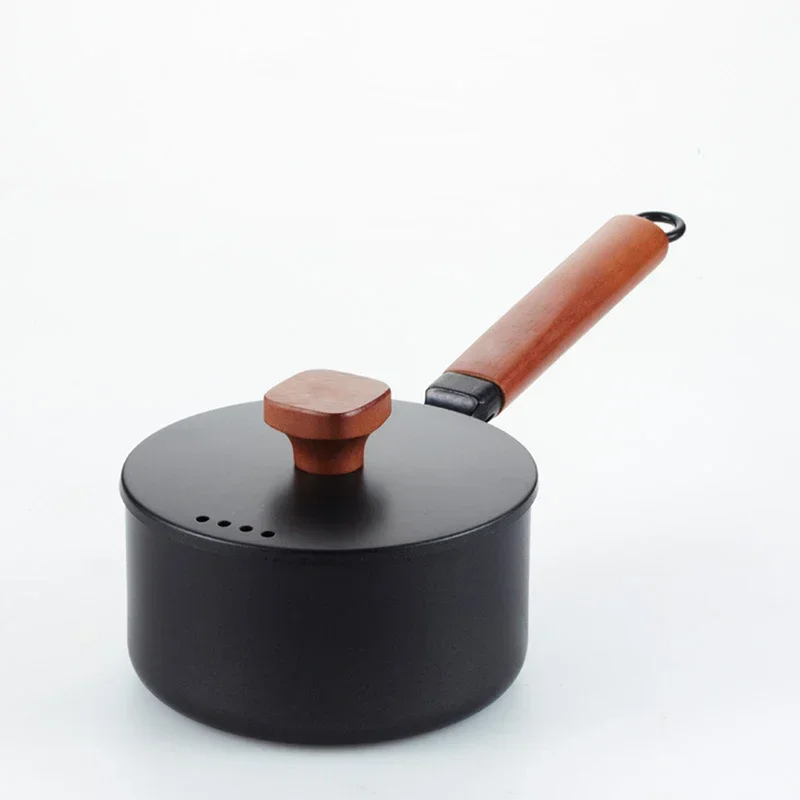 16cm Cast Iron Saucepan, Nonstick Sauce Pan Small Pot with Lid, Solid Wood Handle, 2L Saucepan, Small Pot with Lid for Cooking