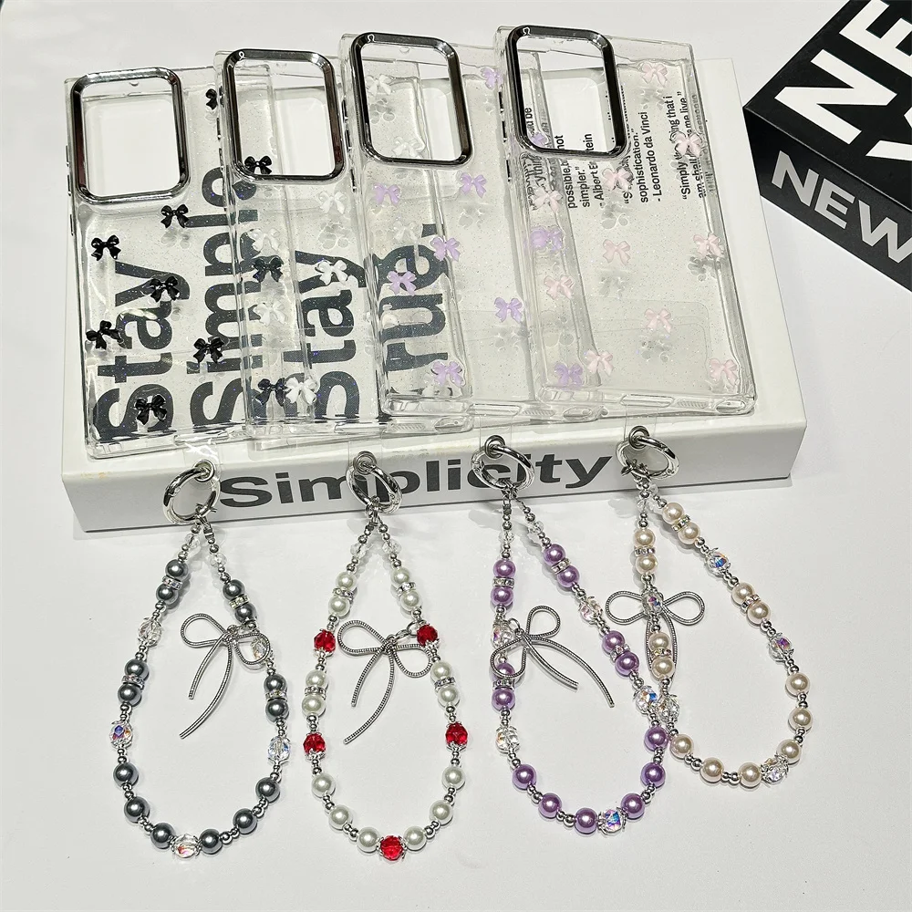 Cute Bowknot Bracelet Transparent Case for Samsung Galaxy S24 Ultra S23 Plus S22 FE A15 A16 A25 A35 A55 A13 Wrist Chain Cover