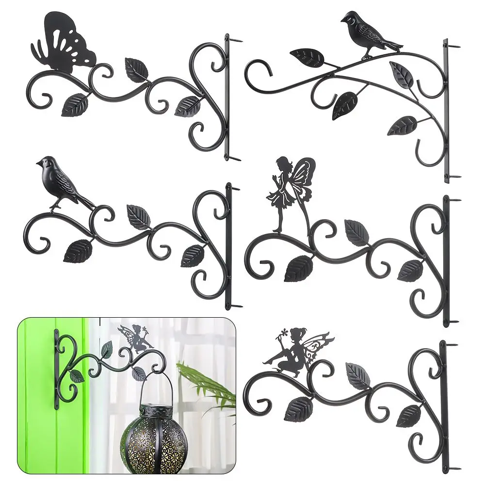 Black Hanging Flower Basket Brackets Butterfly Bird Pattern Iron Wall Mounted Plant Hanger Garden Backyard Indoor Outdoor