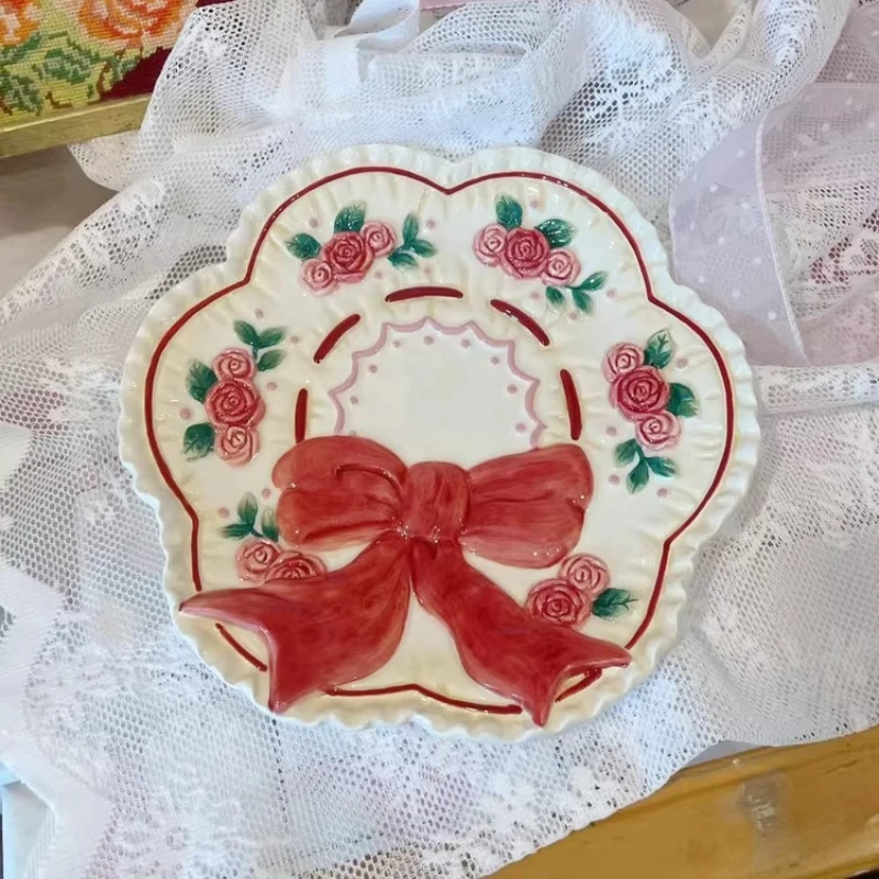Retro 3D bow and rose ceramic plate dessert plate fruit plate kitchen tableware home decor desktop decoration tray Easter gift