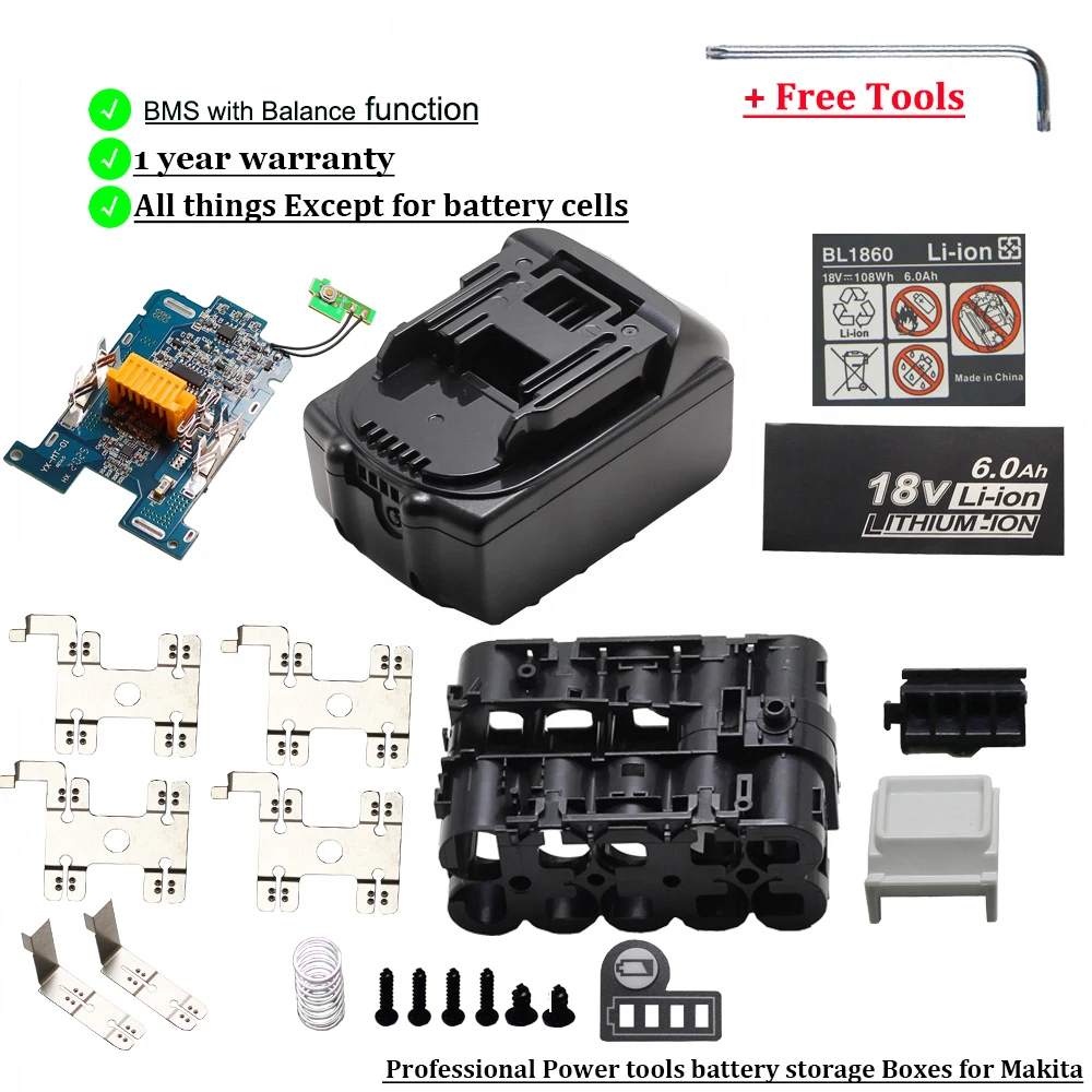 Caja de batería de iones de litio de 18V para MAKITA Bl1820 Bl1815 Bl1830 BL1860 BL1850 chip de circuito equilibrado BMS placa de protección herramienta de potencia