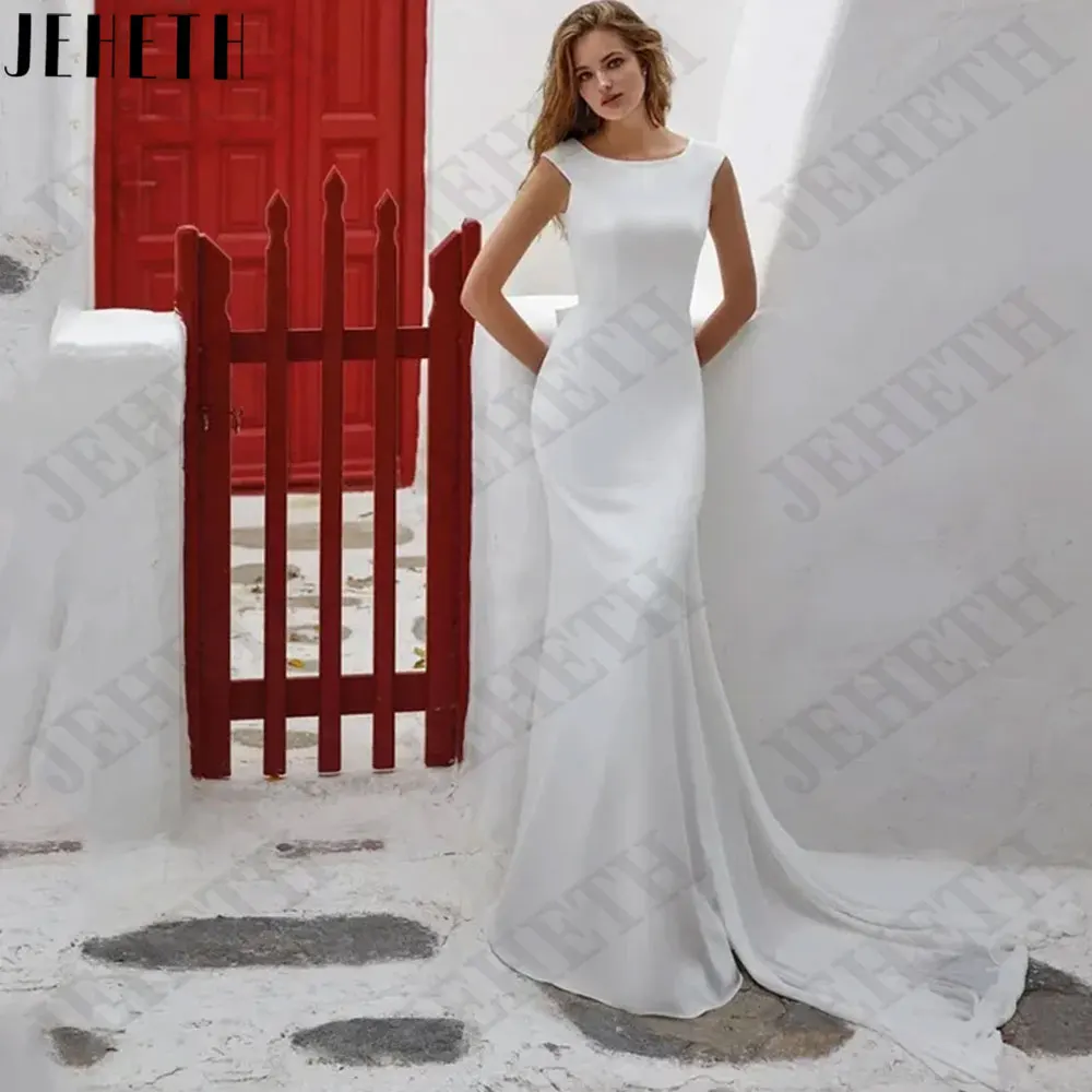 JEHETH abiti da sposa in raso a sirena maniche senza schienale abiti da sposa senza maniche o-collo collo 2024 abiti su misura de noviaJEHETH Mermaid Satin Bride Gowns Backless Cap Maniche Abiti da sposa senza maniche