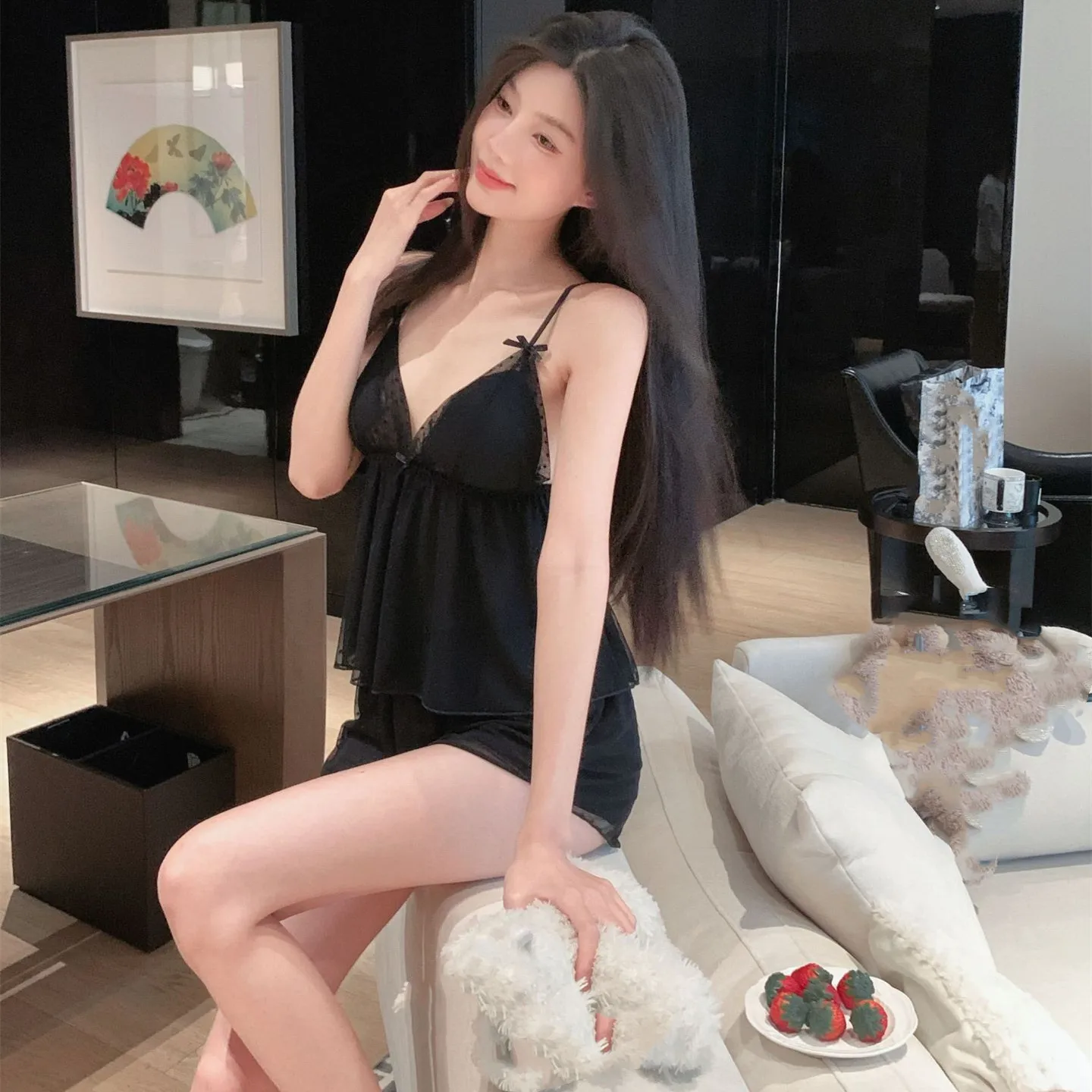 Sexy Lace Mesh Suspender Pajamas Set Summer Women Sleepwear Loungewear Pyjama Homewear 3