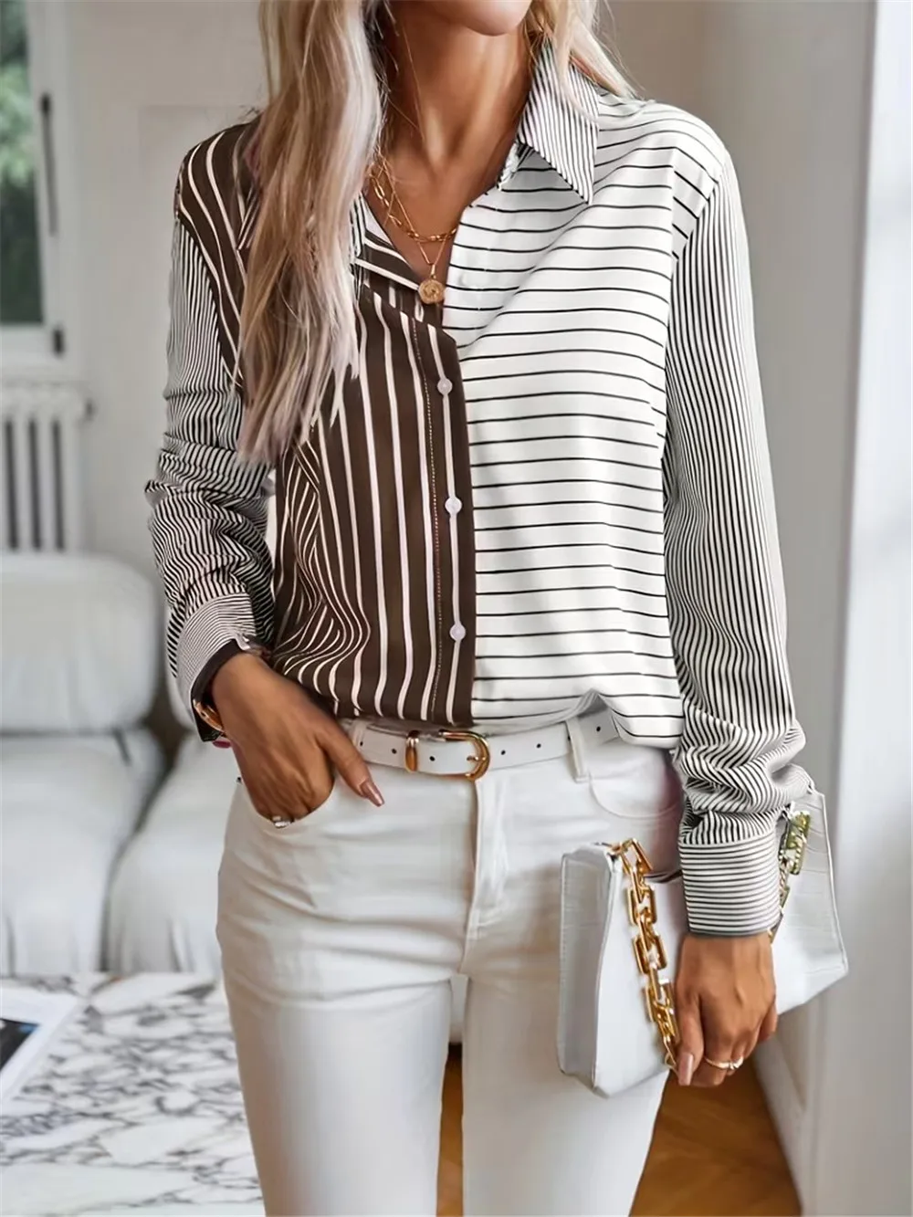 New Fashion Women's Striped Shirts Long Sleeve 3d Printed Turn-Down Collar Office Work Ladies Blouse Casual Shirt