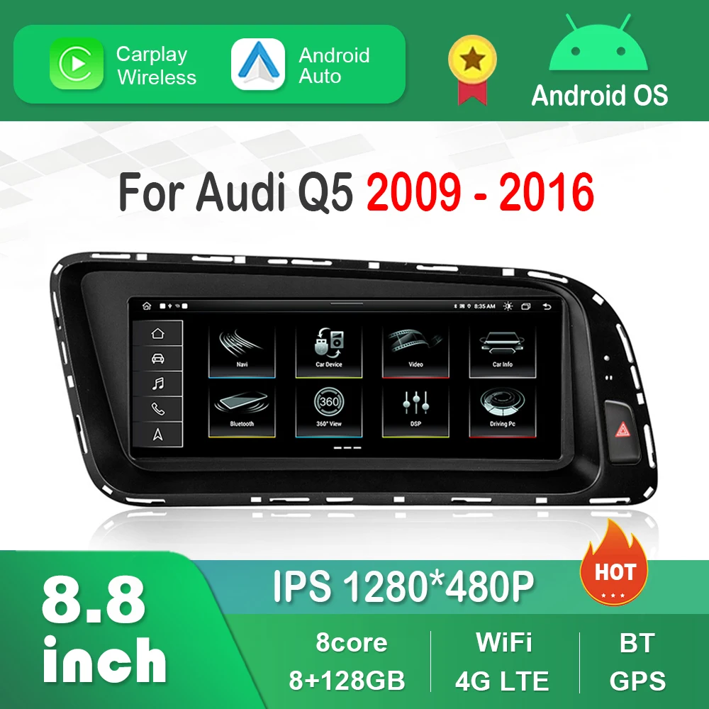 

8.8 inch 4G WiFi GPS CarPlay 1280*480P for Audi Q5 2009 - 2016 Android Car Radio Video Multimedia Player HD Touch Screen