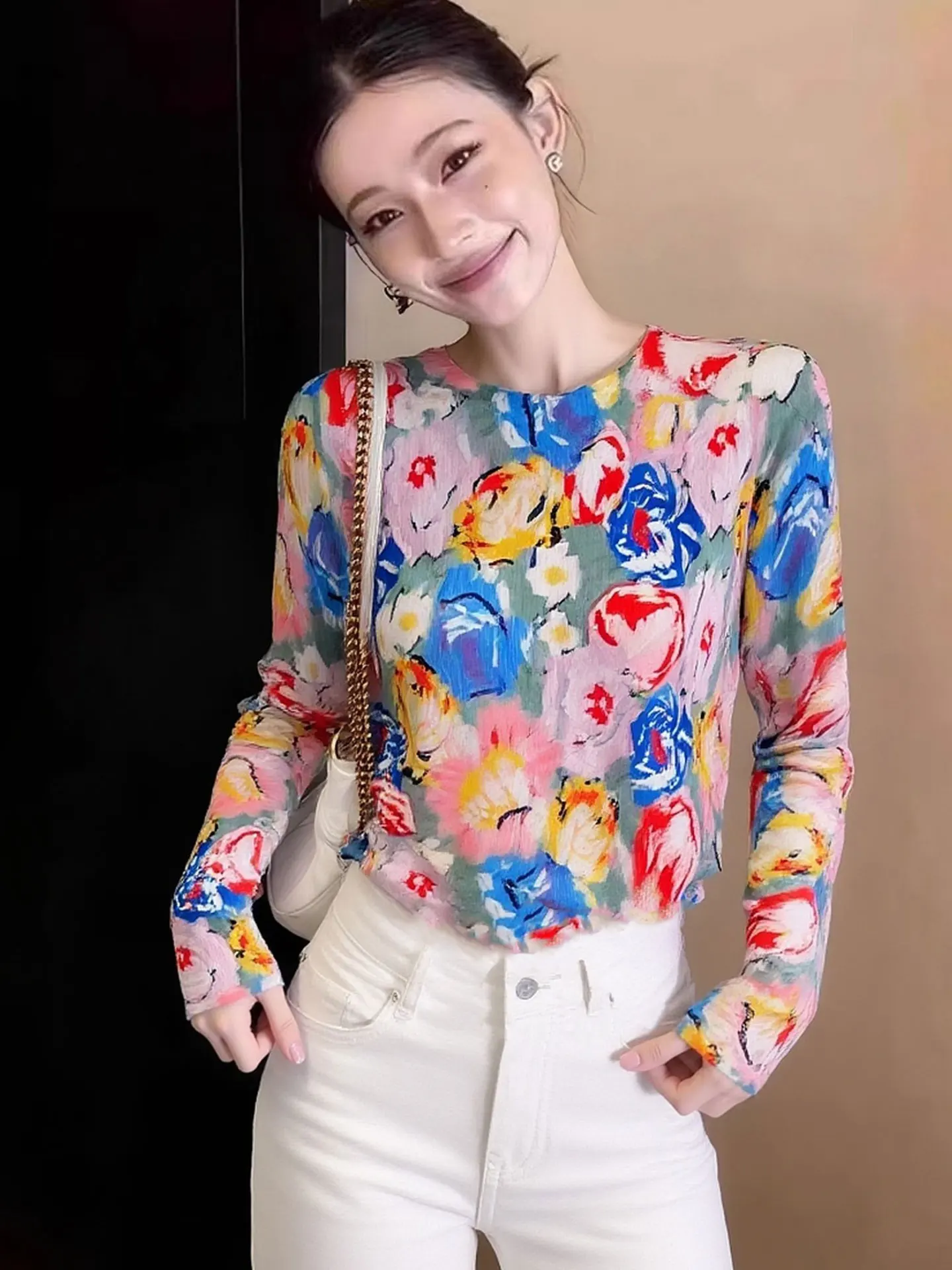 

Faionable Long Sve round Ne T-irt Color Blo Base irt Ele Inner Wear Top for Women Commute Korean Sle Strai...