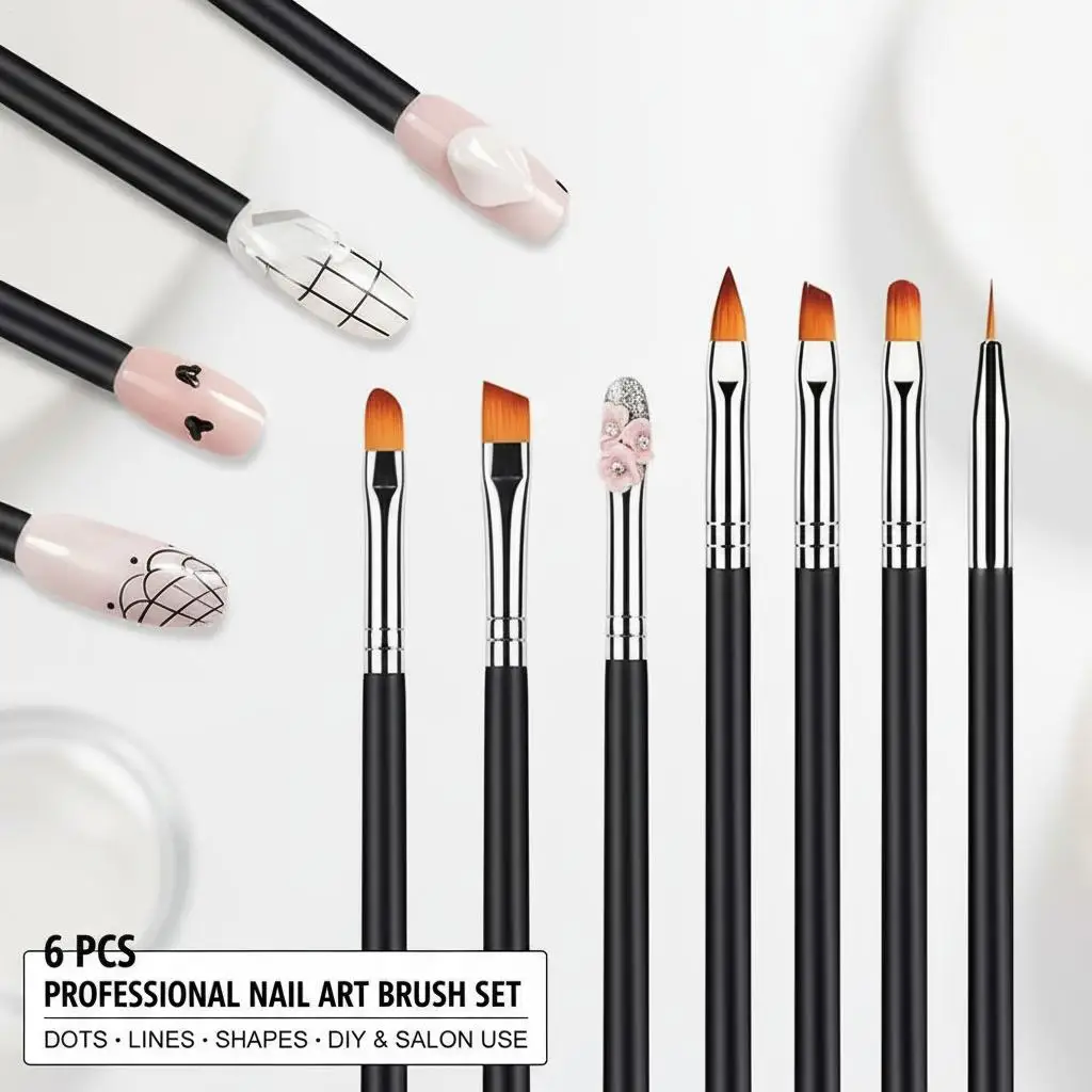 6Pcs Black Multi-Function Nail Art Brushes Set Dotting Line Flat Round Head For DIY Professional Gel Nail Polish Manicure Tools