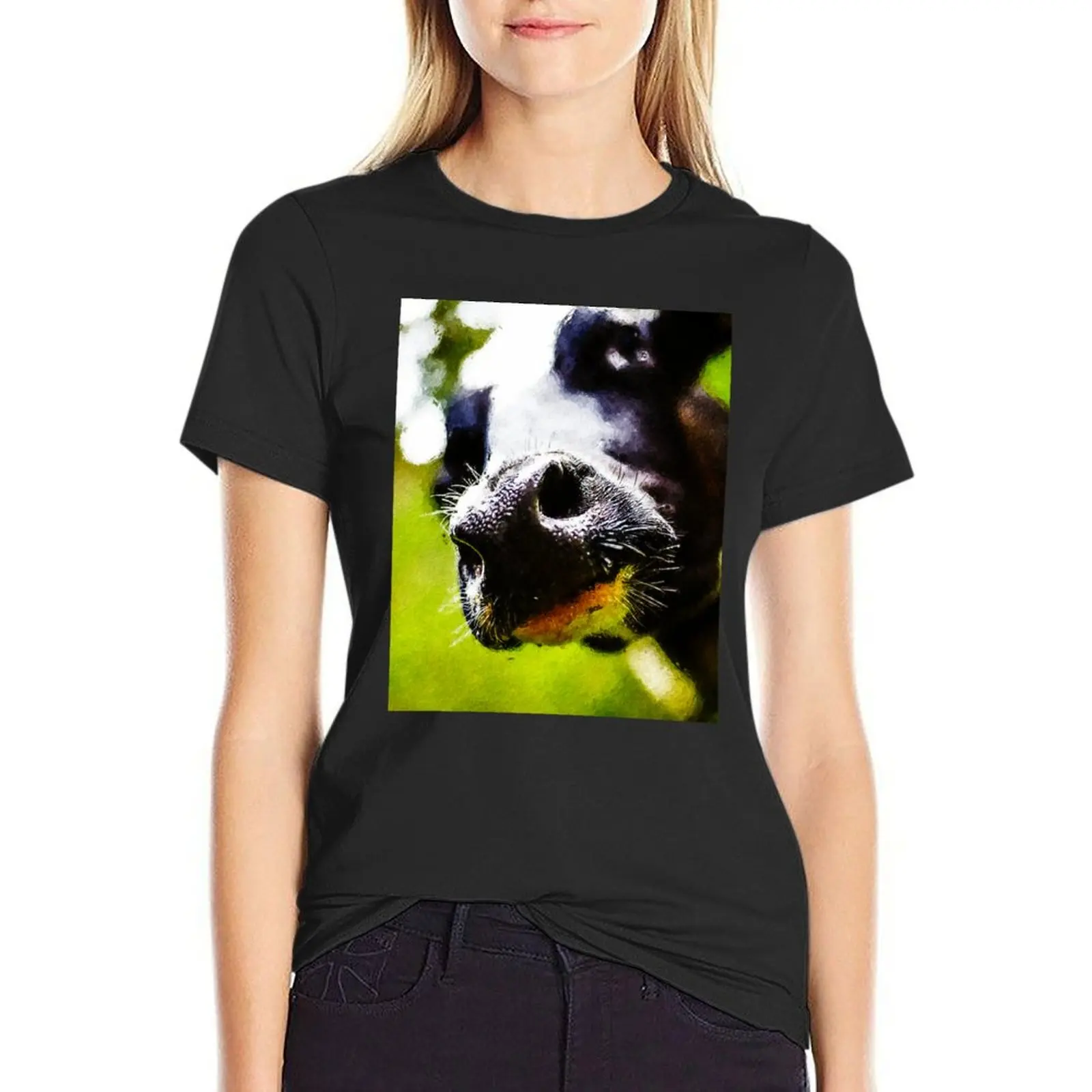 Cute Holstein Friesian Cattle nose portrait, Oil Painting Holstein Dairy Cow, Holstein Dairy Cow Oil Pastel Painting, Fr T-Shirt