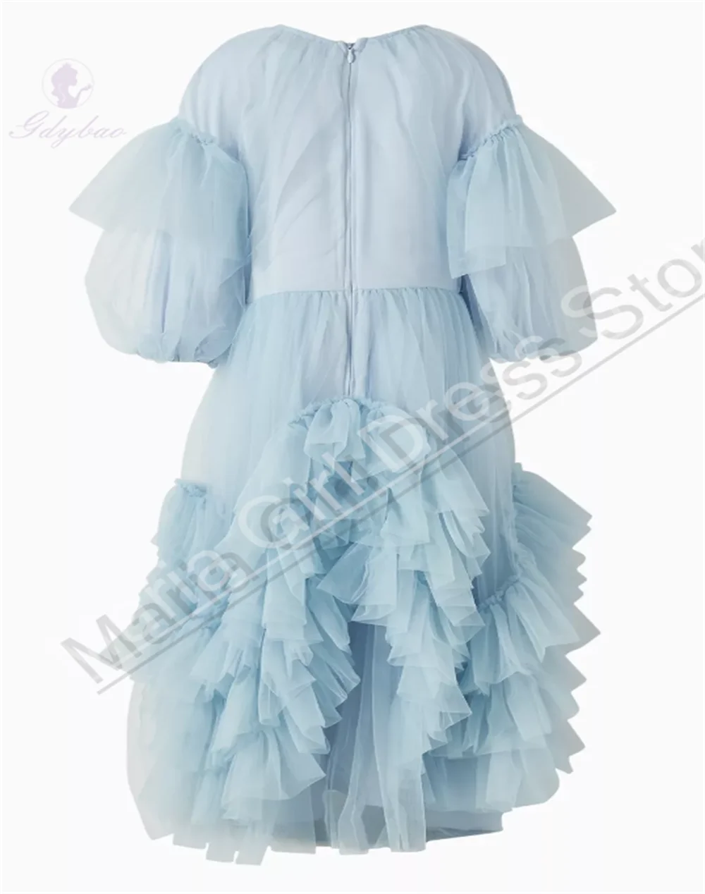 Light Blue Mesh Puff Sleeve Girl’s Dress With Pleats Children’s Birthday Banquet Performance and Pageant Dress
