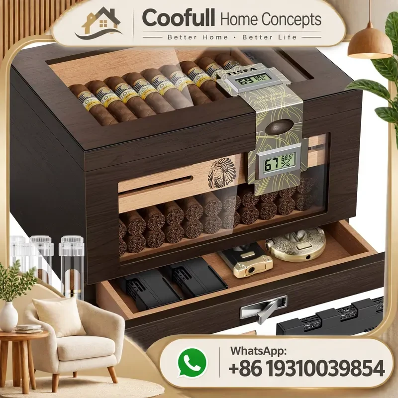 Cigar Humidor Cedar Wood Box With Digital Hygrometer Humidifier For Cigar Storage Accessories Travel Tube Set Gift