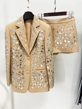High Street Nieuwste Mode 2024 Designer Catwalk Set Dames Prachtige Kralen Spiegel Blazer Shorts Set 2 Stuks