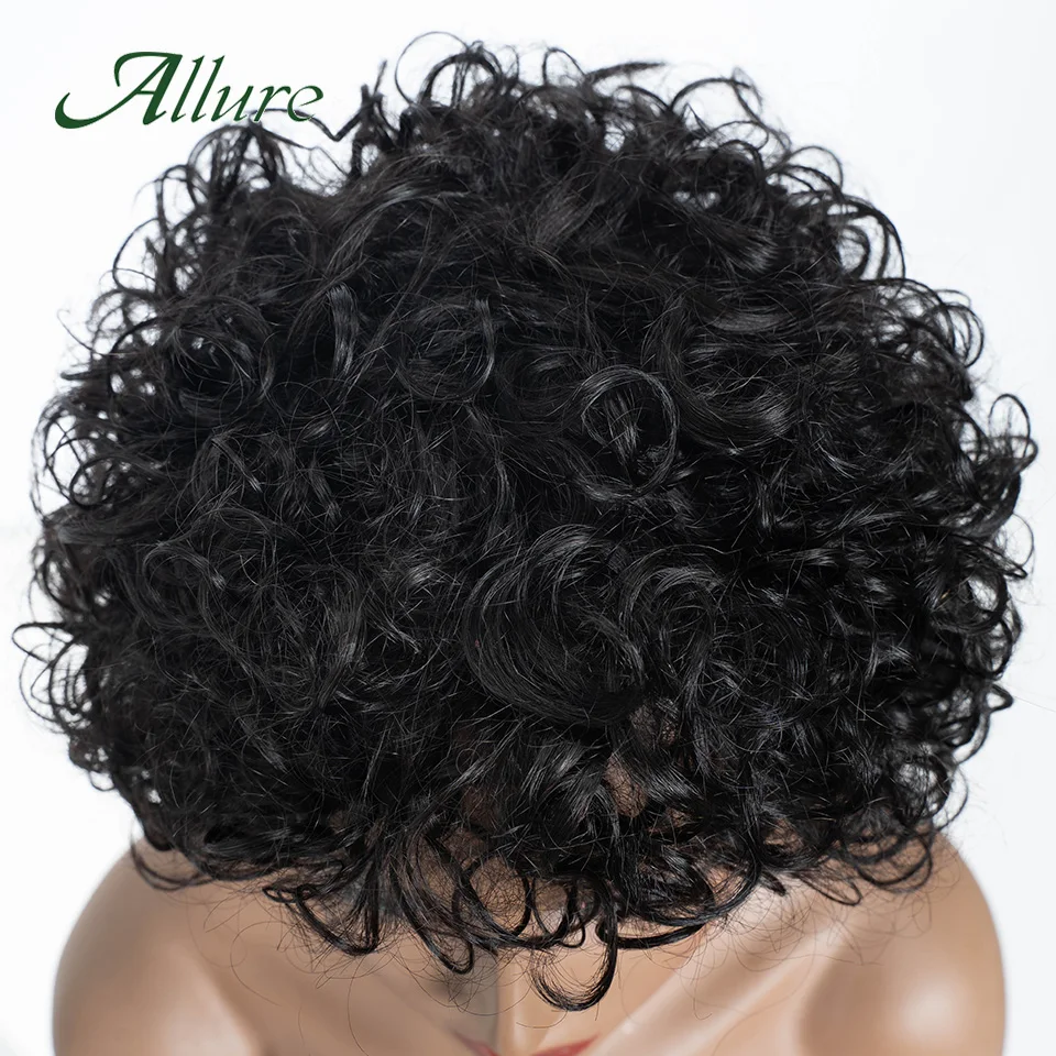 Afo Kinky Curly Human Hair Wigs for Women Brazilian Pixie Short Hair Wig With Bangs 8 inch Natural Black Colored Hair Wig Allure