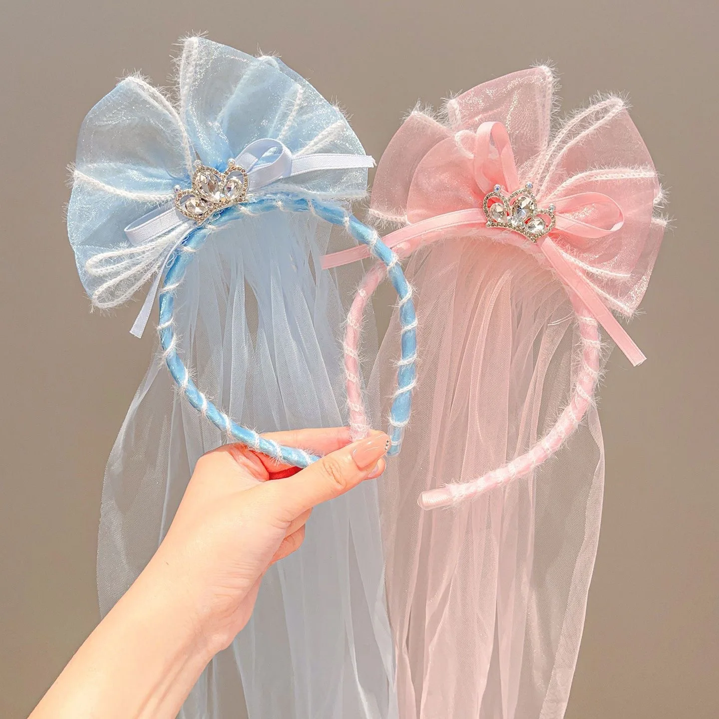 

Повязка на голову с розовым бантом на день рождения для девочек, детский головной убор с короной, повязка на голову принцессы для детей, повязка на голову с вуалью для маленьких детей, заколка для волос HP01