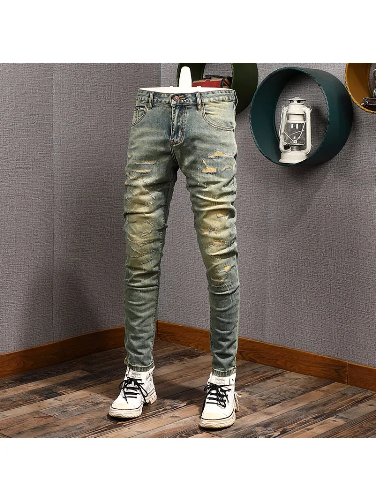 Spring Summer Thin Yellow Mud Color Jeans Men's Nine Points Ripped Patch Elastic Patch Vintage Skinny Long Pants