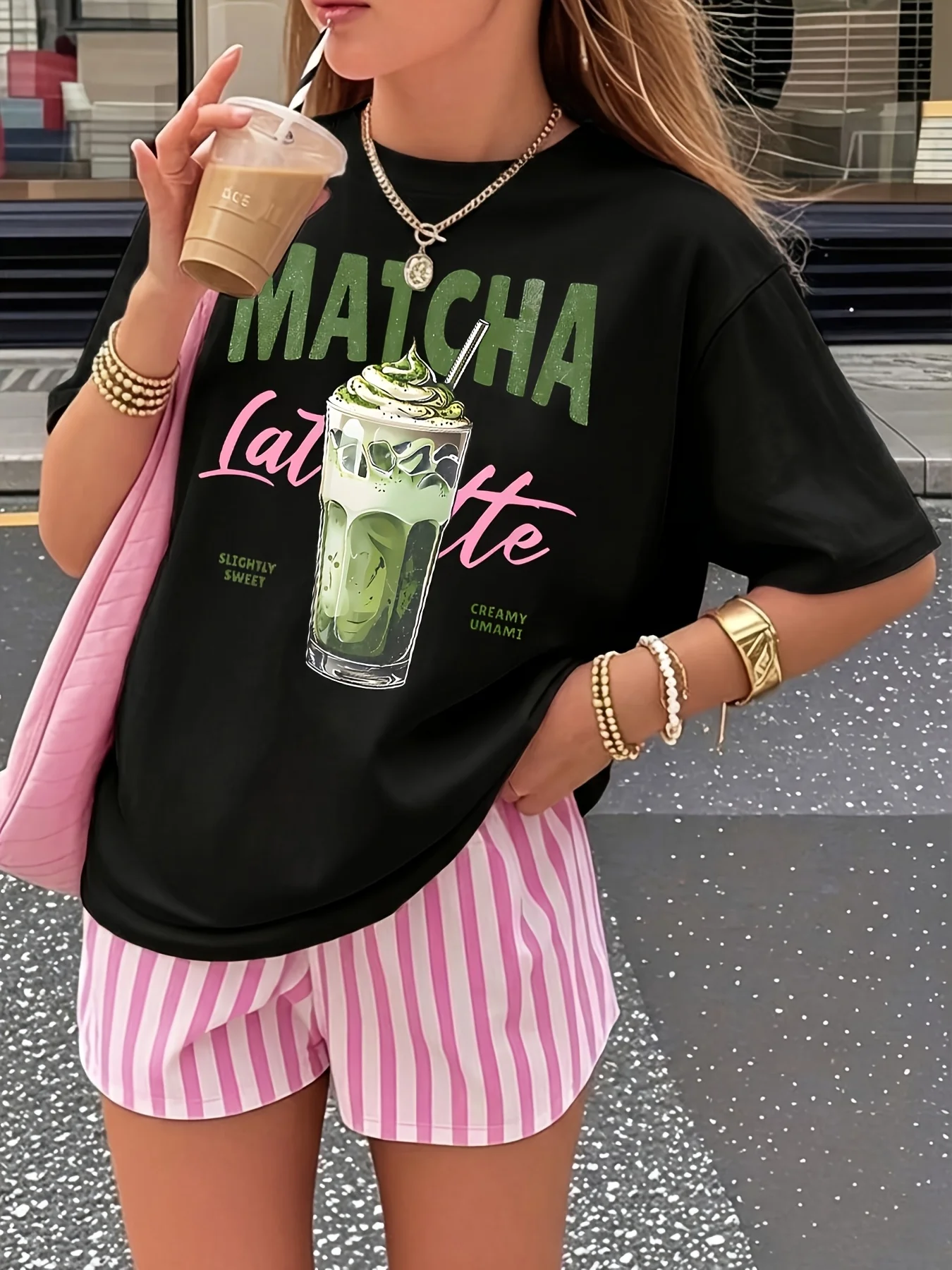 Matcha Latte Retro Iced Coffee Graphic Cotton T-shirt For Women Summer Short Sleeve Coffee Lover Tees Casual Couple Y2K Tops view 2