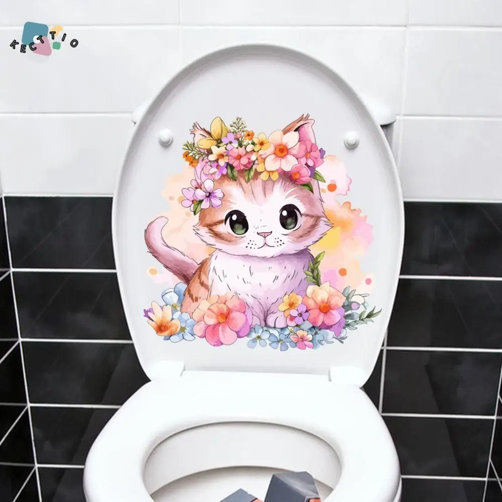 

Creative Cartoon Cat Toilet Sticke Self-adhesive Waterproof Cat Wall Decals Adorable Cartoon Bathroom Mural Bathroom