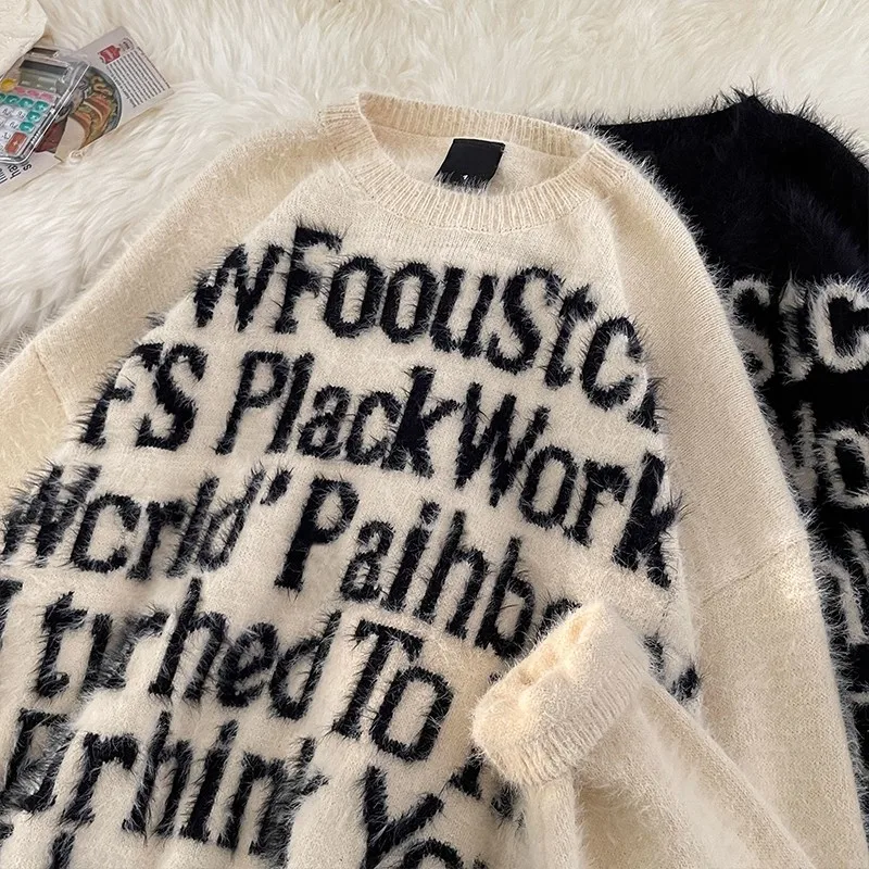 

Американские ретро-свитеры для пар, свободного кроя, вязаные, из полиэфирного волокна, осенне-зимние, повседневные, с круглым вырезом