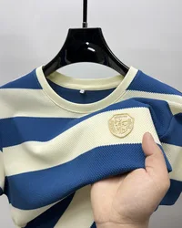 High end brand pure cotton men's short sleeved T-shirt embroidered striped top 2024 summer new comfortable casual men's clothing