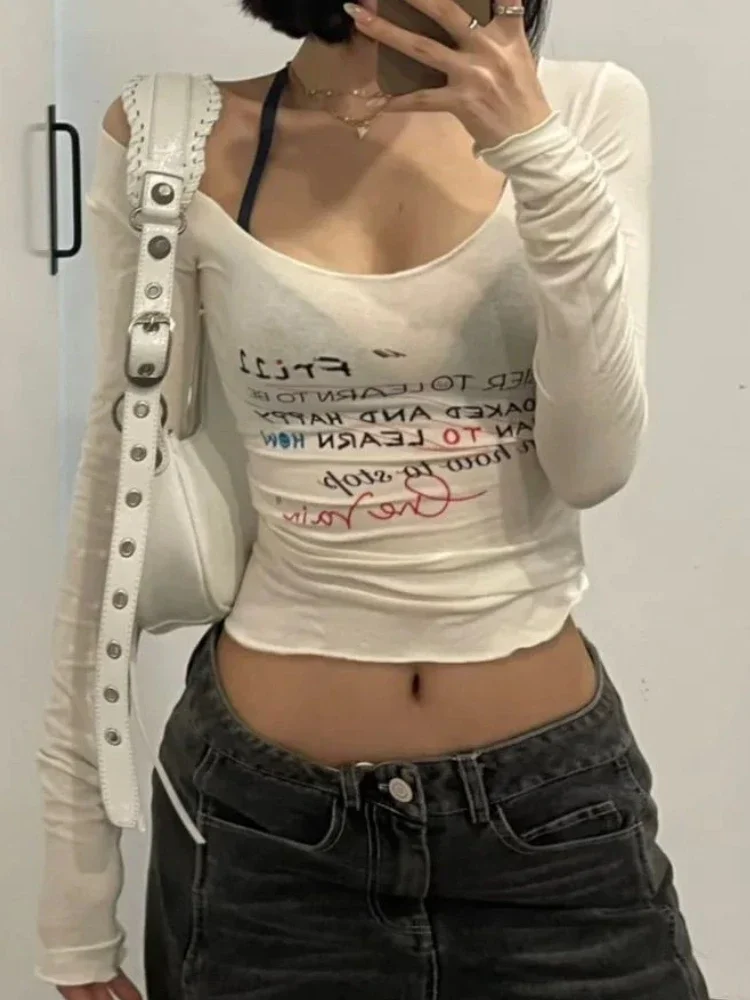 2025 Y2k 美的スリム女性のセクシーな作物 Tシャツヴィンテージレタープリントストリートグランジ Tシャツ原宿ヴィンテージゴシック Tシャツファム