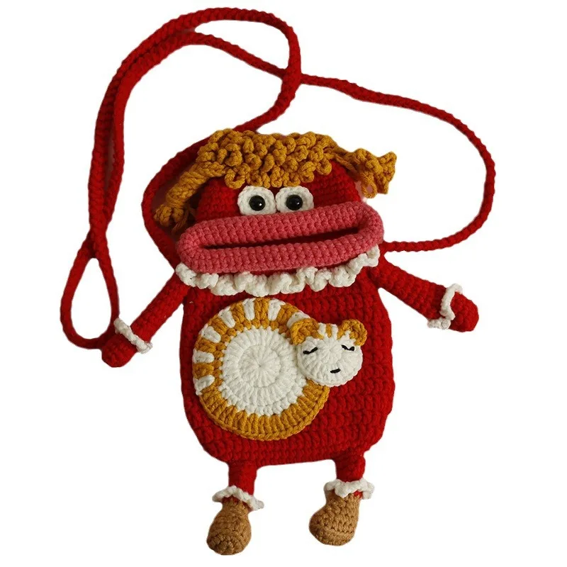 Creative hand-woven ugly sausage mouth mobile phone bag, new wool crocheted messenger small bag, handmade