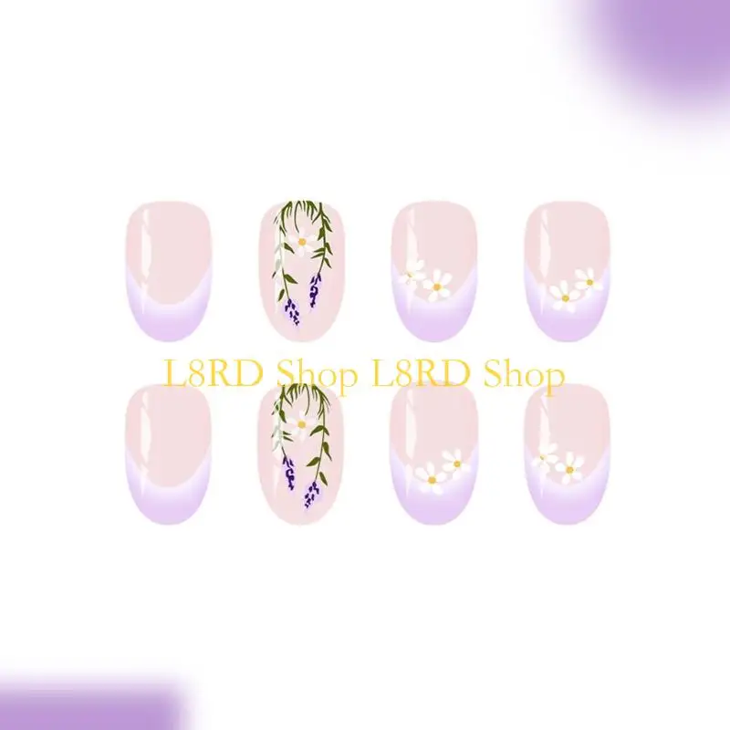 L8RD Winter Glossy Press On 24Pcs Lavender Floral False Short Length French Styles Almond Easy Application