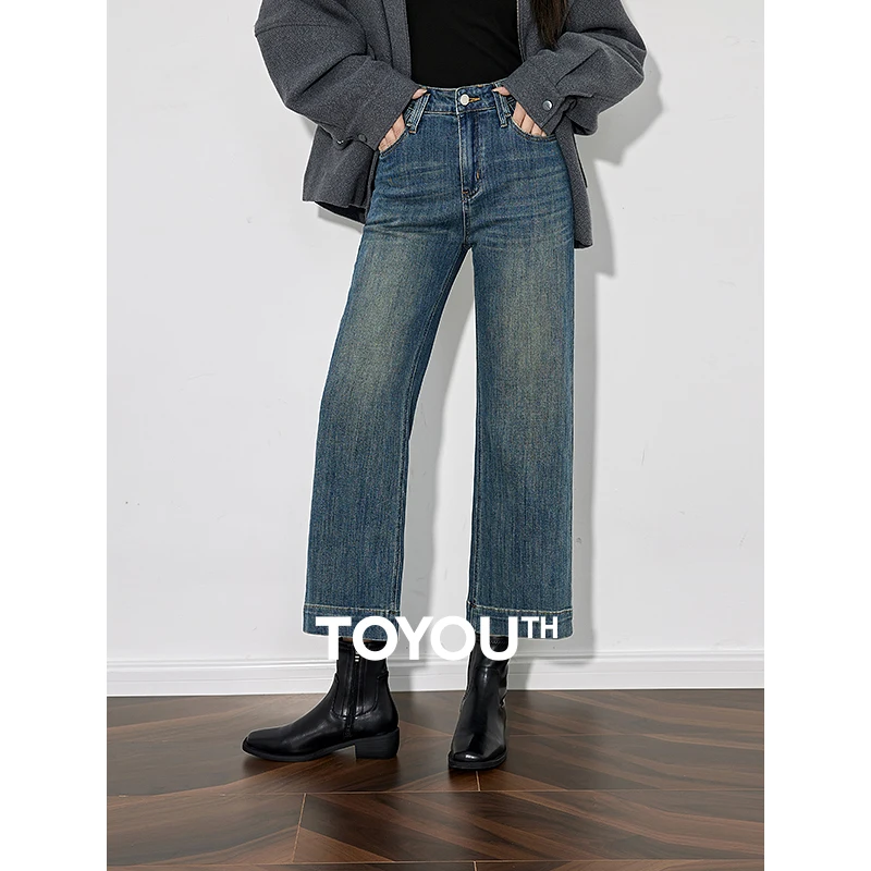 TOYOUTH Women Denim Jeans 2024 Autumn and Winter Slim Fit High Street Fashionable Ankle Length Wide Leg Straight Pants