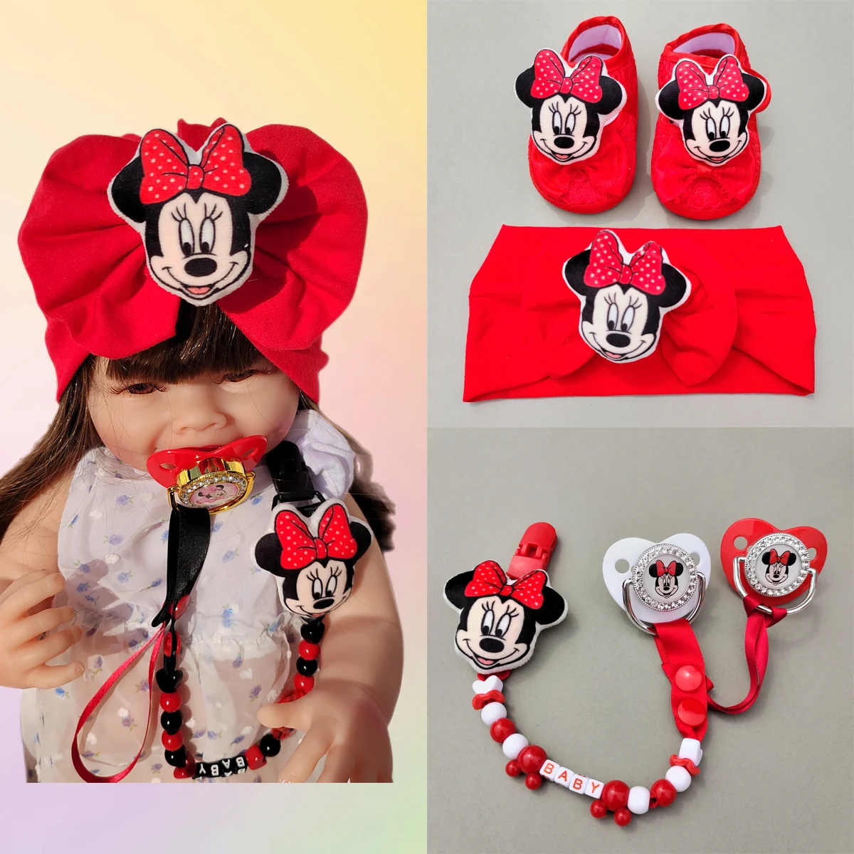 [ Best Baby Shower Gift ] Red Minnie Mouse Baby Head Wrap Hat Matching Cartoon Animals Dolls Mother and Kids Items Accessories