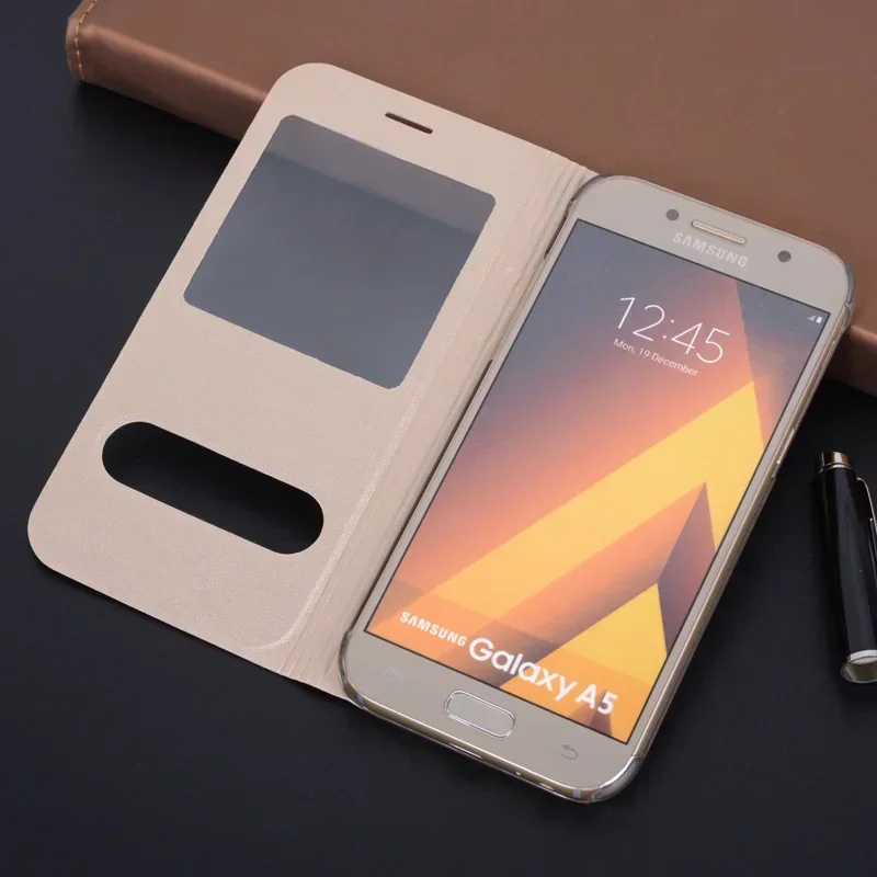 Slim Dual Window View Case Scratch Resistant Flip Cover Phone Sleeve Bag For Samsung Galaxy A3 A7 2017 SM A320F A720F