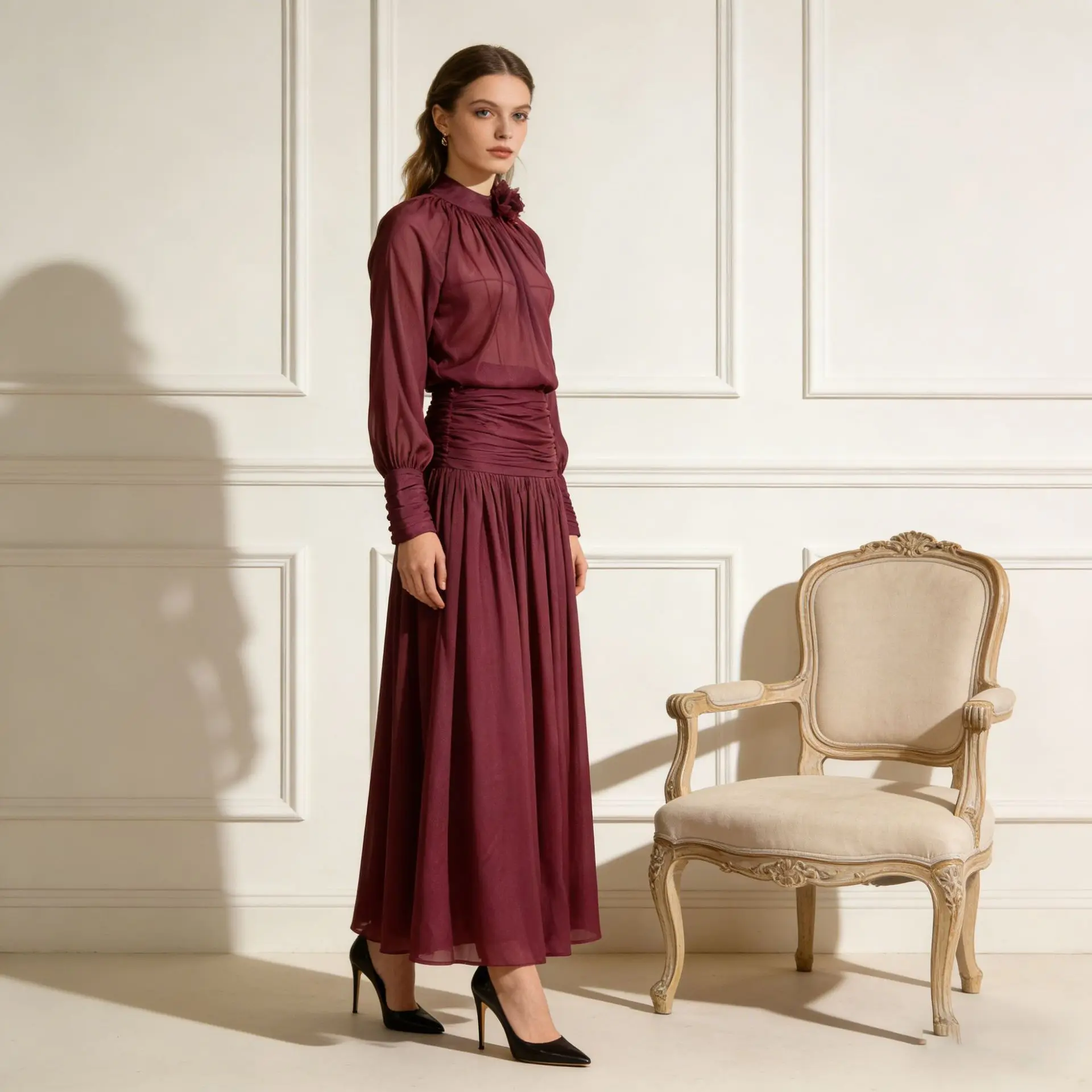 High Quality Magenta Skirt Suit Women Three Dimensional Flower Lantern Sleeve Tops+high Waist Wrinkle Skirt Female Two Piece Set