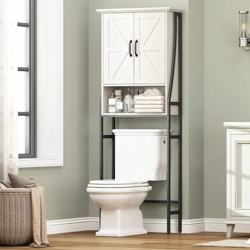 Over The Toilet Storage Cabinet, Over Toilet Bathroom Organizer, Above Toilet Storage Cabinet with Barn Doors Behind Toilet